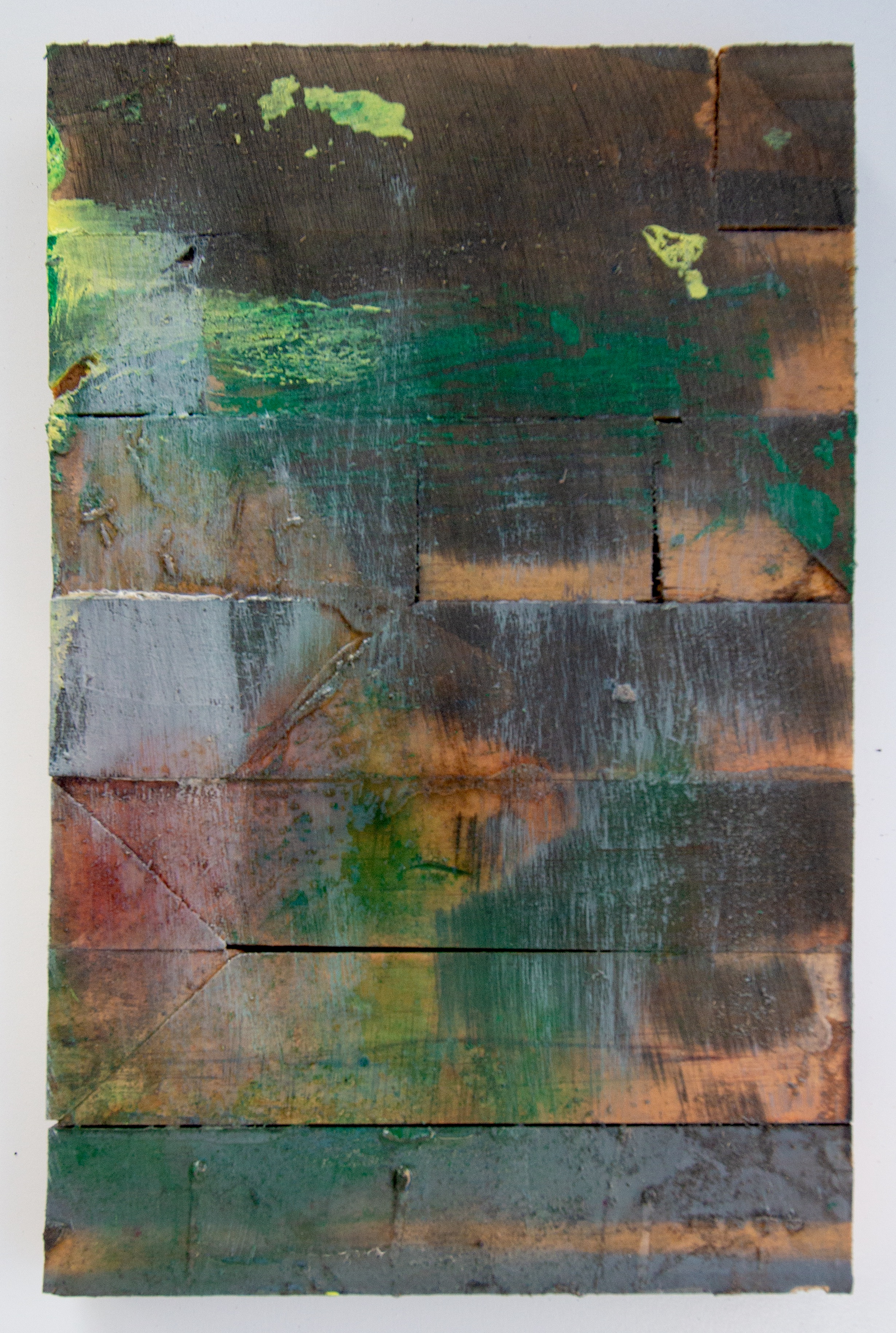 Tall combine of horizontal wood slats. Copper and steely-grey washes across the surface with a neon green and yellow burst at the top and a red-orange chevron at lower left.
